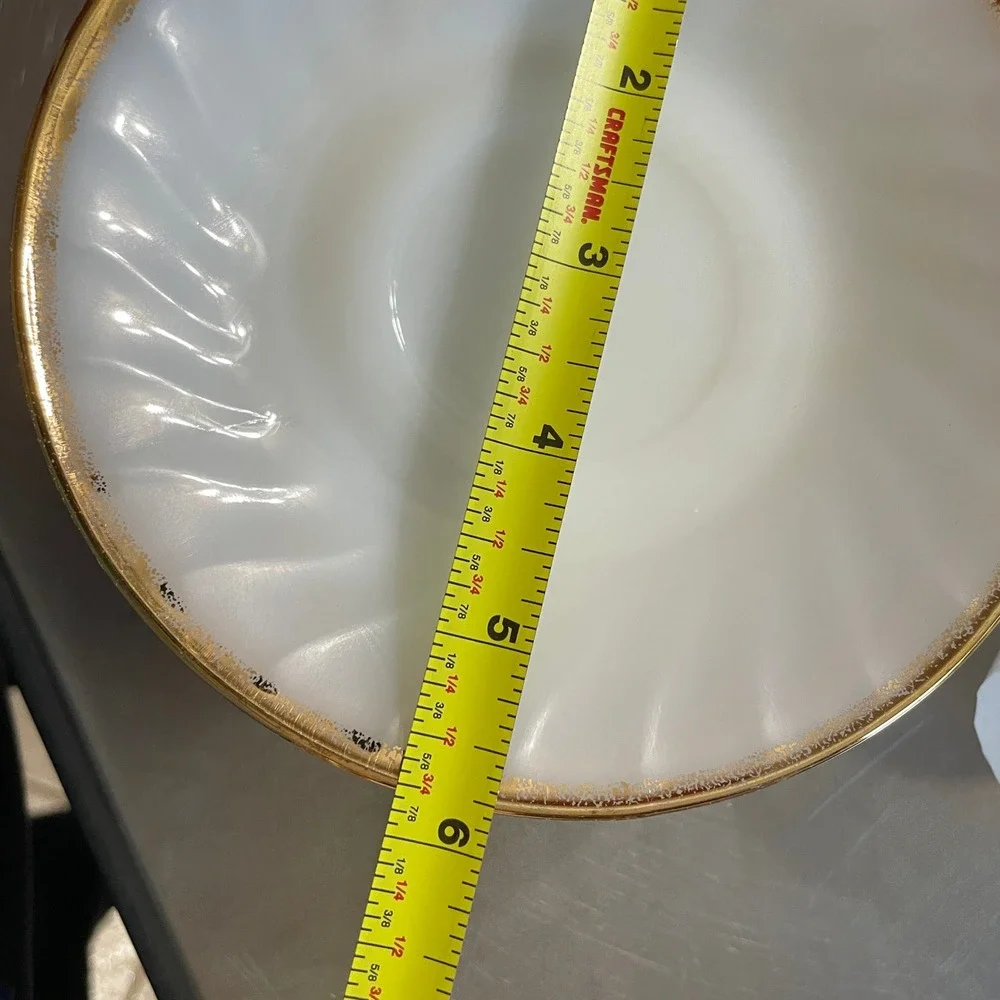 Fire-King Swirl Milk Glass Saucers Gold Trim White Set of 8 Vintage 5.75 inch